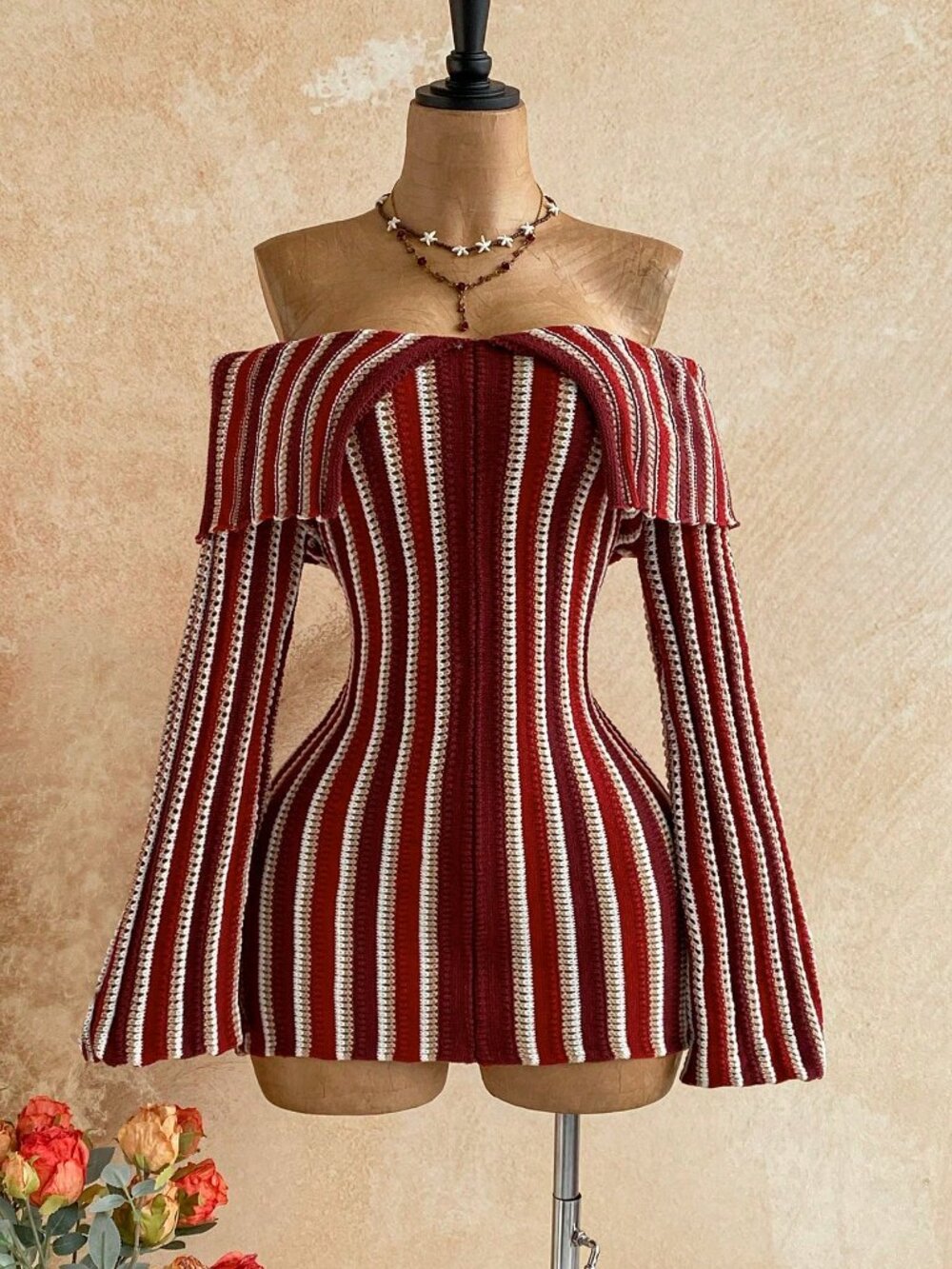 Multicolor Casual Women's Striped Off-Shoulder Bell Sleeve Mini Knit Dress